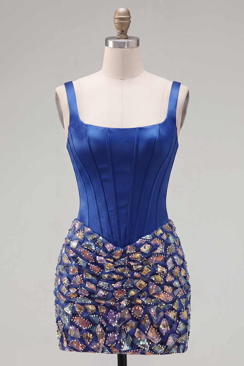 Laden Sie das Bild in den Galerie-Viewer, Dunkelblaues Bodycon-Korsett, quadrathalsiges Homecoming-Kleid mit Strasssteinen