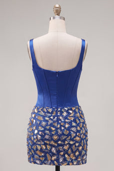 Dunkelblaues Bodycon Korsett Quadrathalsiges Kurzes Abendkleid mit Strasssteinen