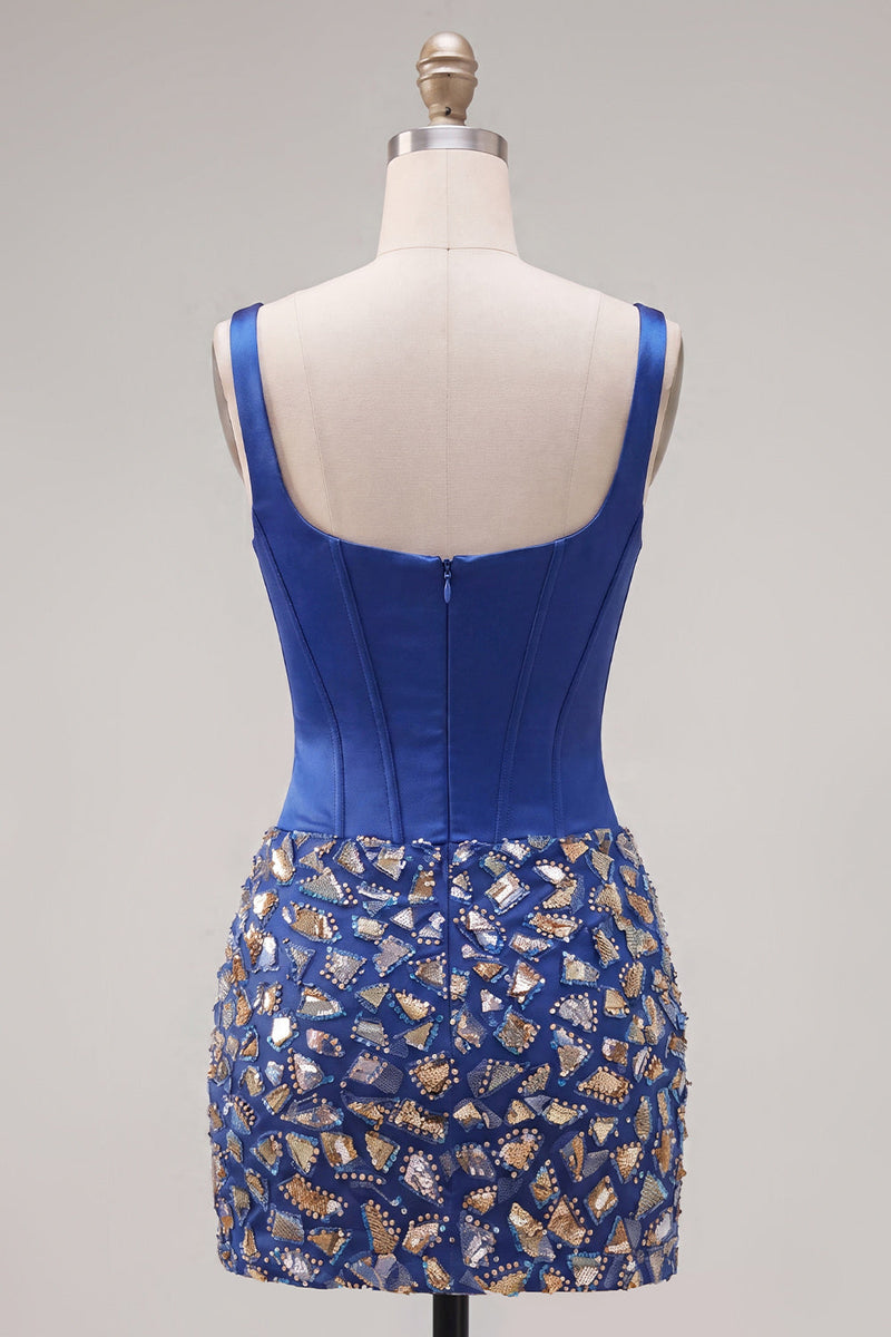 Laden Sie das Bild in den Galerie-Viewer, Dunkelblaues Bodycon-Korsett, quadrathalsiges Homecoming-Kleid mit Strasssteinen