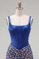 Laden Sie das Bild in den Galerie-Viewer, Dunkelblaues Bodycon-Korsett, quadrathalsiges Homecoming-Kleid mit Strasssteinen