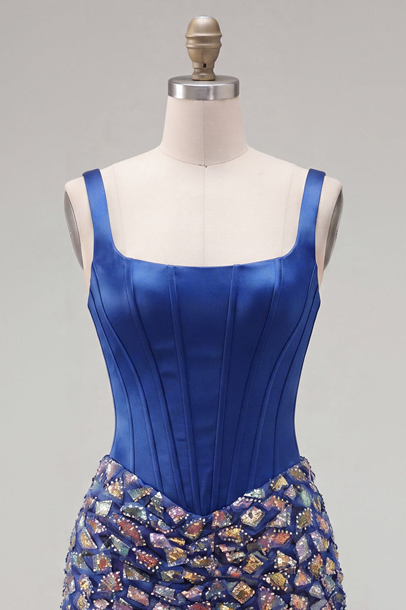 Laden Sie das Bild in den Galerie-Viewer, Dunkelblaues Bodycon-Korsett, quadrathalsiges Homecoming-Kleid mit Strasssteinen