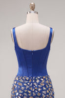 Laden Sie das Bild in den Galerie-Viewer, Dunkelblaues Bodycon-Korsett, quadrathalsiges Homecoming-Kleid mit Strasssteinen