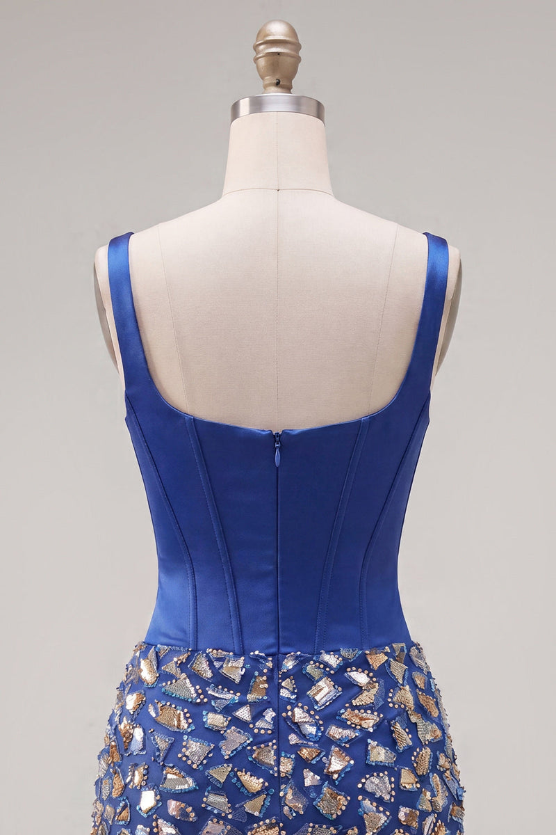 Laden Sie das Bild in den Galerie-Viewer, Dunkelblaues Bodycon-Korsett, quadrathalsiges Homecoming-Kleid mit Strasssteinen