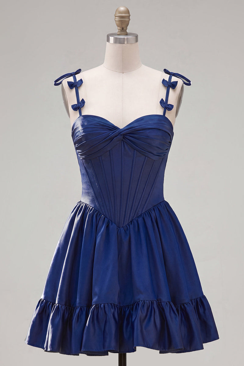Laden Sie das Bild in den Galerie-Viewer, A-Line Navy Korsett-Spaghettiträger Homecoming-Kleid mit Rüschen