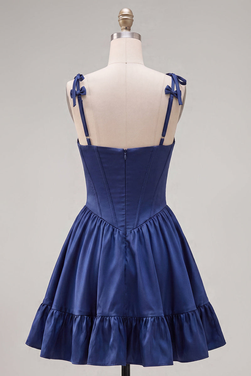 Laden Sie das Bild in den Galerie-Viewer, A-Line Navy Korsett-Spaghettiträger Homecoming-Kleid mit Rüschen