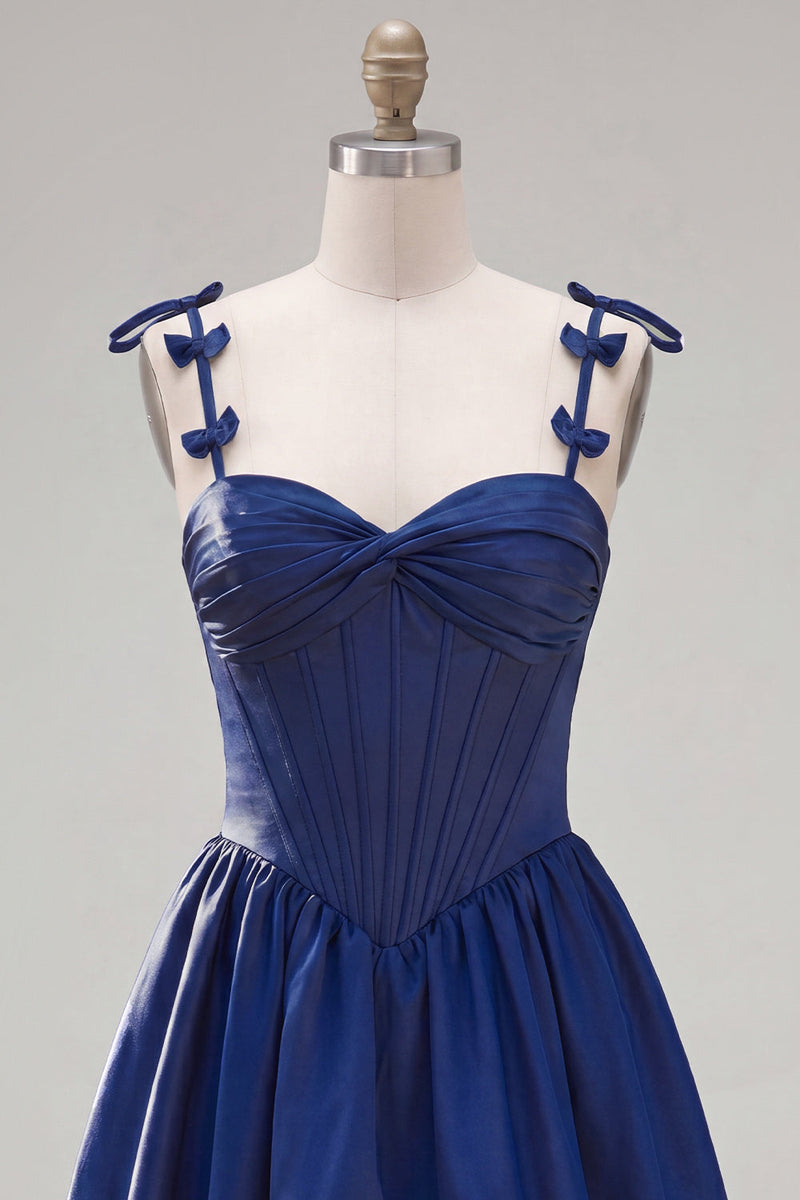 Laden Sie das Bild in den Galerie-Viewer, A-Line Navy Korsett-Spaghettiträger Homecoming-Kleid mit Rüschen