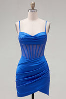Laden Sie das Bild in den Galerie-Viewer, Satin königsblaues Bodycon transparentes Korsett-Spaghetti-Träger mit gerafftem Homecoming-Kleid