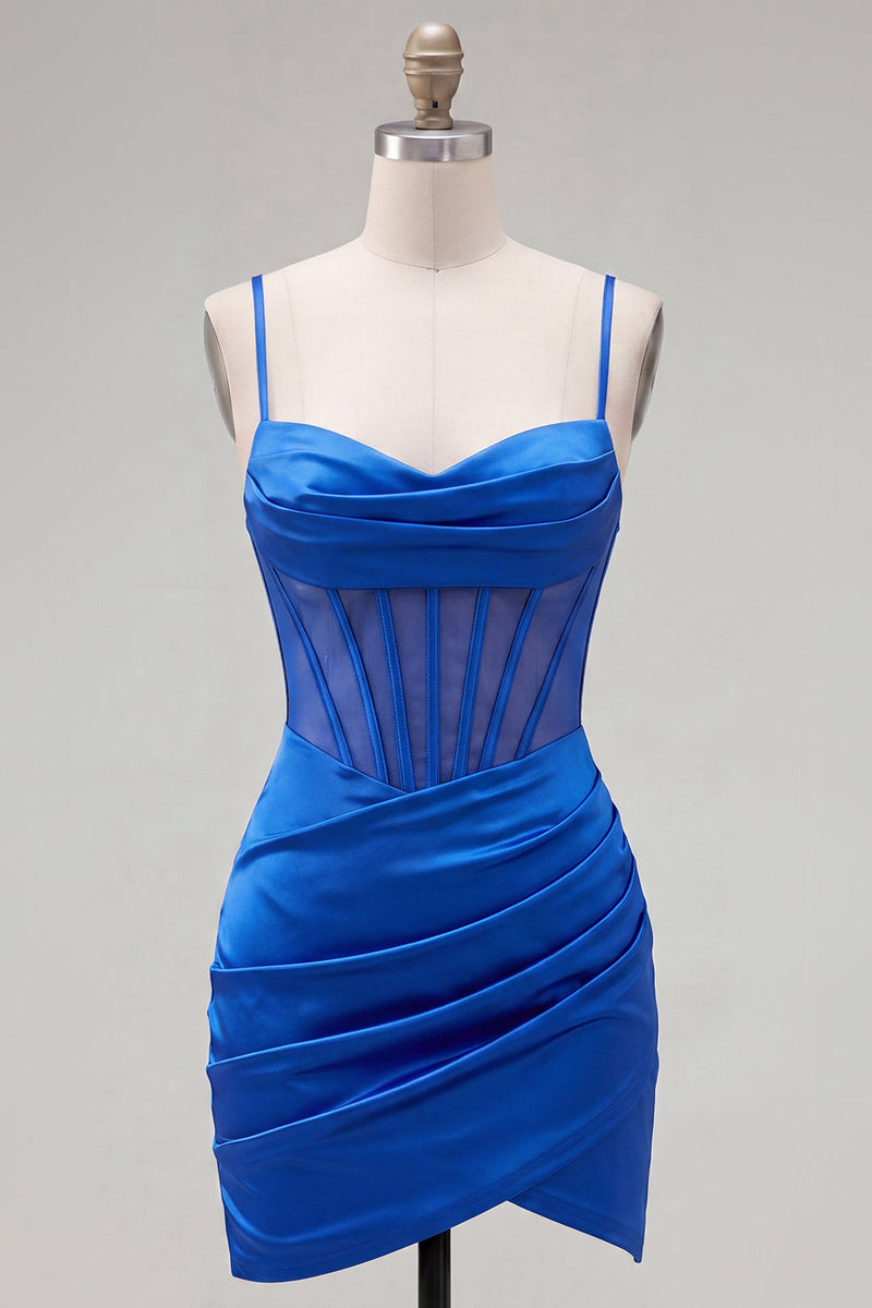 Laden Sie das Bild in den Galerie-Viewer, Satin königsblaues Bodycon transparentes Korsett-Spaghetti-Träger mit gerafftem Homecoming-Kleid