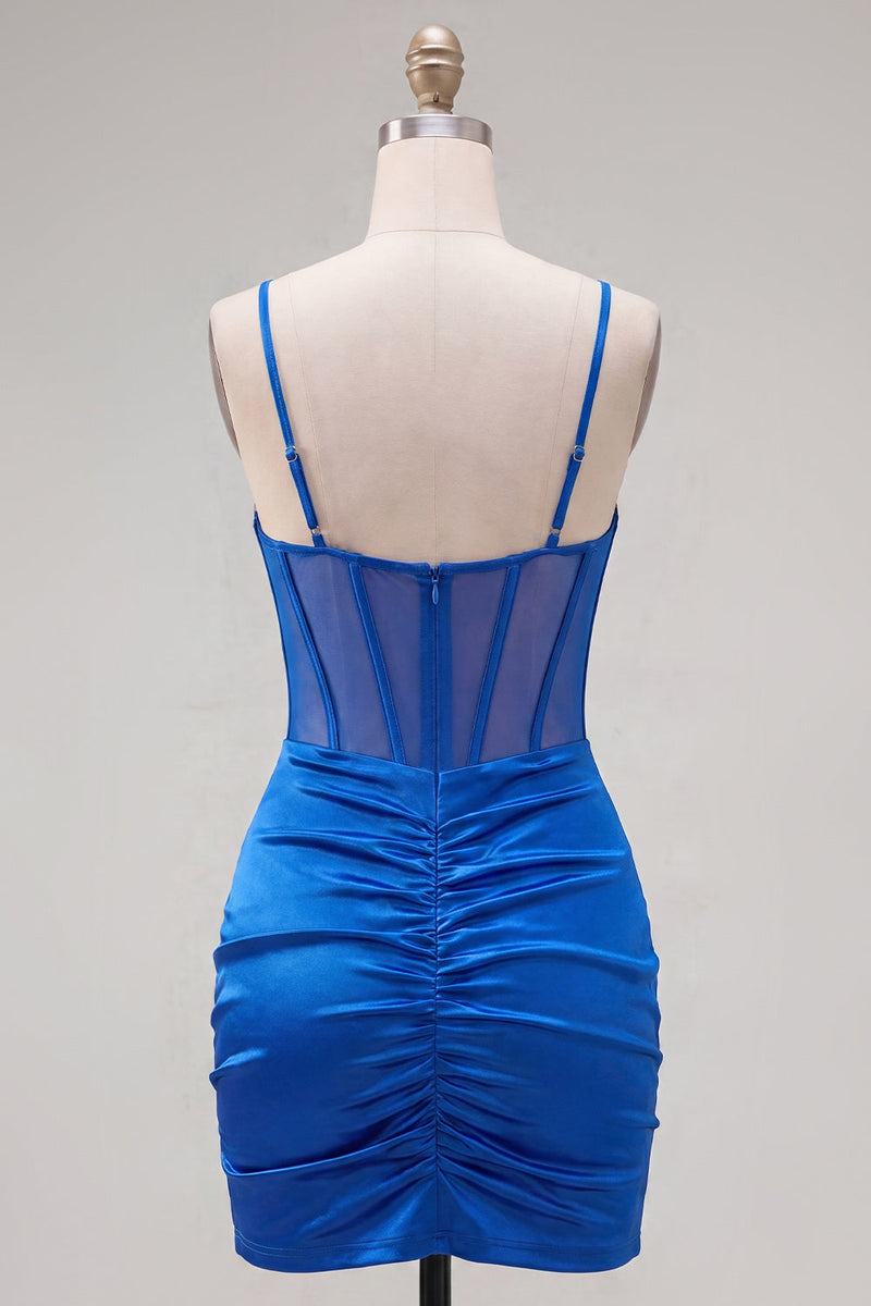 Laden Sie das Bild in den Galerie-Viewer, Satin königsblaues Bodycon transparentes Korsett-Spaghetti-Träger mit gerafftem Homecoming-Kleid