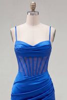 Laden Sie das Bild in den Galerie-Viewer, Satin königsblaues Bodycon transparentes Korsett-Spaghetti-Träger mit gerafftem Homecoming-Kleid
