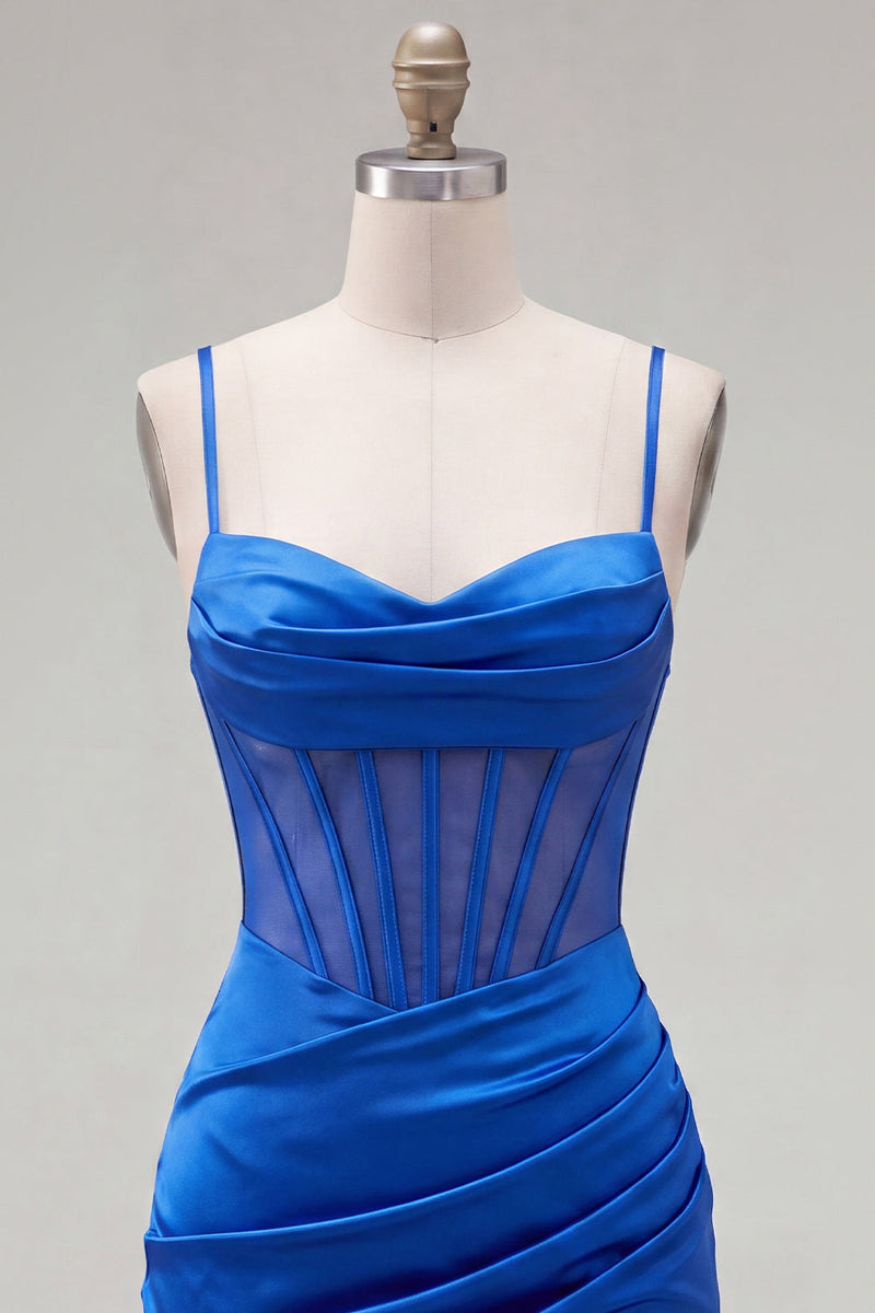 Laden Sie das Bild in den Galerie-Viewer, Satin königsblaues Bodycon transparentes Korsett-Spaghetti-Träger mit gerafftem Homecoming-Kleid