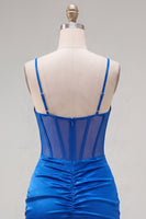Laden Sie das Bild in den Galerie-Viewer, Satin königsblaues Bodycon transparentes Korsett-Spaghetti-Träger mit gerafftem Homecoming-Kleid