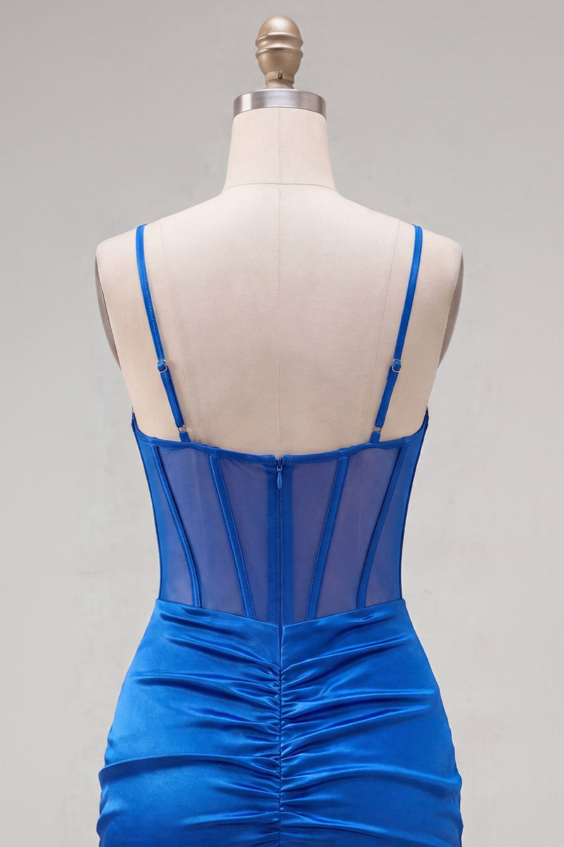 Laden Sie das Bild in den Galerie-Viewer, Satin königsblaues Bodycon transparentes Korsett-Spaghetti-Träger mit gerafftem Homecoming-Kleid