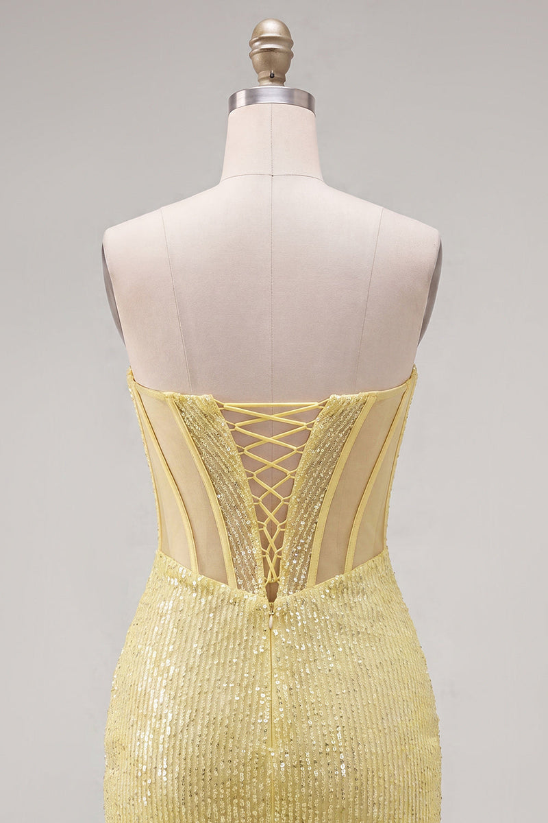 Laden Sie das Bild in den Galerie-Viewer, Glitzerndes gelbes Bodycon-Trägerloses Korsett mit Schnürung hinten und Pailletten Homecoming-Kleid mit Perlen