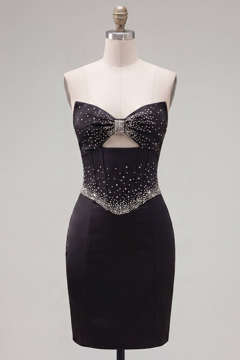 Laden Sie das Bild in den Galerie-Viewer, Schwarzes Bodycon-Sweetheart-Korsett Satin-Perlen-Homecoming-Kleid mit Schleife