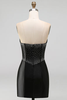 Schwarzes Bodycon Sweetheart Korsett Satin Perlen Kurzes Abendkleid mit Schleife