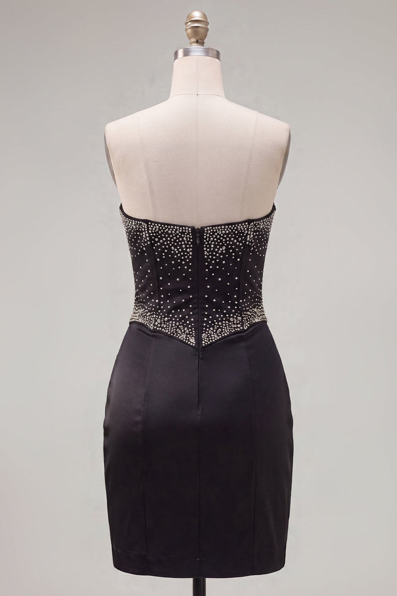 Laden Sie das Bild in den Galerie-Viewer, Schwarzes Bodycon-Sweetheart-Korsett Satin-Perlen-Homecoming-Kleid mit Schleife