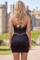 Laden Sie das Bild in den Galerie-Viewer, Schwarzes Bodycon-Sweetheart-Korsett Satin-Perlen-Homecoming-Kleid mit Schleife
