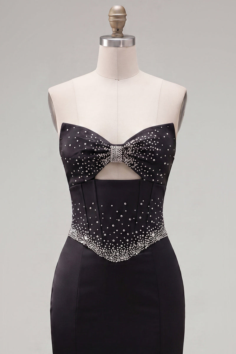 Laden Sie das Bild in den Galerie-Viewer, Schwarzes Bodycon-Sweetheart-Korsett Satin-Perlen-Homecoming-Kleid mit Schleife