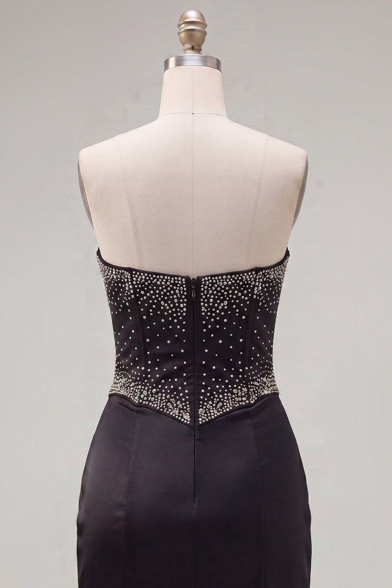 Laden Sie das Bild in den Galerie-Viewer, Schwarzes Bodycon-Sweetheart-Korsett Satin-Perlen-Homecoming-Kleid mit Schleife