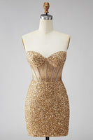 Laden Sie das Bild in den Galerie-Viewer, Glitzerndes Goldenes Bodycon Sweetheart Transparentes Korsett Pailletten Kurzes Abendkleid