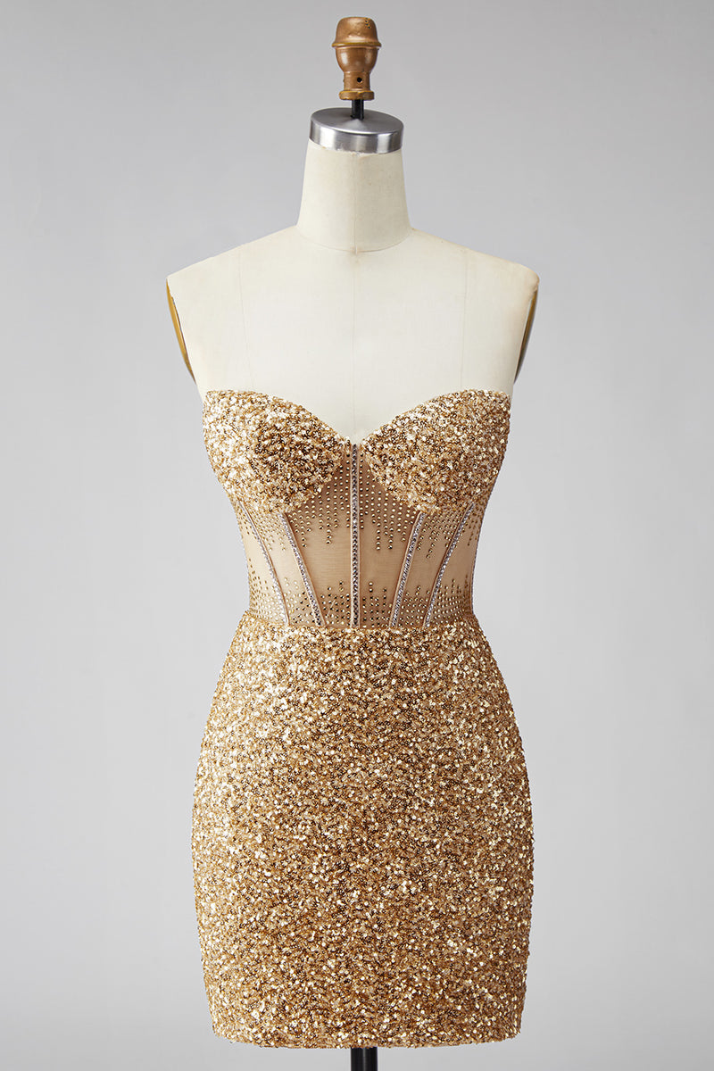 Laden Sie das Bild in den Galerie-Viewer, Glitzerndes Goldenes Bodycon Sweetheart Transparentes Korsett Pailletten Kurzes Abendkleid