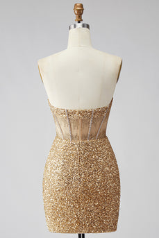 Glitzerndes Goldenes Bodycon Sweetheart Transparentes Korsett Pailletten Kurzes Abendkleid