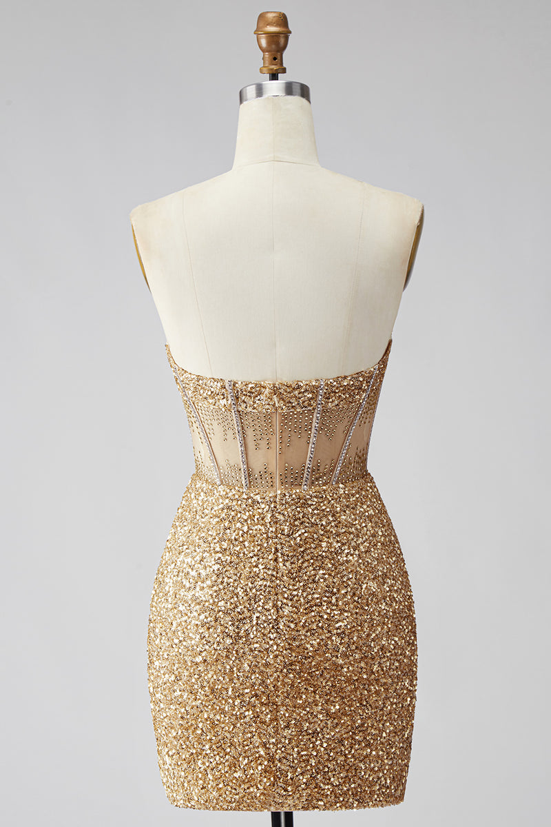 Laden Sie das Bild in den Galerie-Viewer, Glitzerndes Goldenes Bodycon Sweetheart Transparentes Korsett Pailletten Kurzes Abendkleid