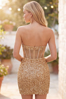 Laden Sie das Bild in den Galerie-Viewer, Glitzerndes Goldenes Bodycon Sweetheart Transparentes Korsett Pailletten Kurzes Abendkleid
