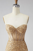 Laden Sie das Bild in den Galerie-Viewer, Glitzerndes Goldenes Bodycon Sweetheart Transparentes Korsett Pailletten Kurzes Abendkleid