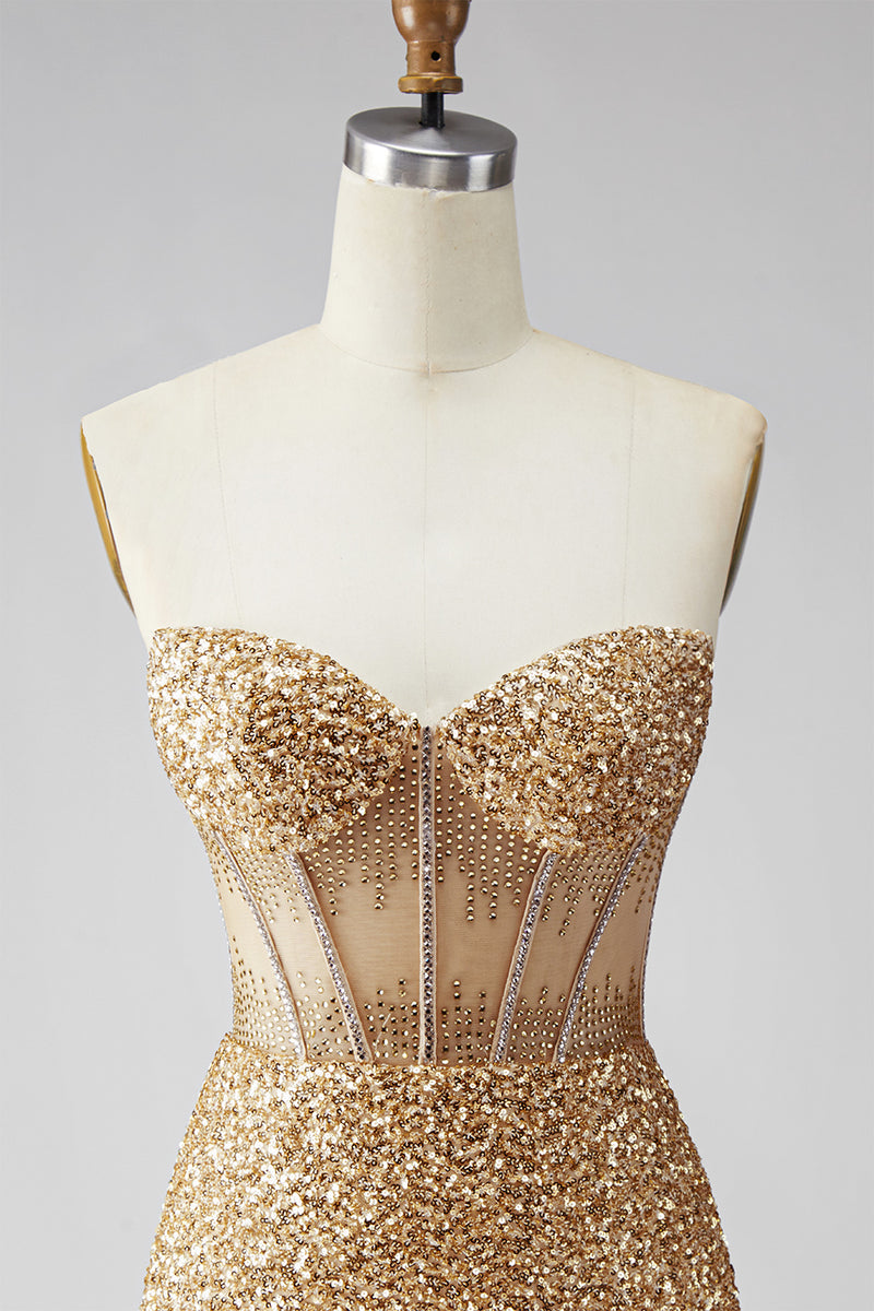 Laden Sie das Bild in den Galerie-Viewer, Glitzerndes Goldenes Bodycon Sweetheart Transparentes Korsett Pailletten Kurzes Abendkleid