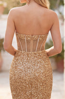 Laden Sie das Bild in den Galerie-Viewer, Glitzerndes Goldenes Bodycon Sweetheart Transparentes Korsett Pailletten Kurzes Abendkleid