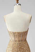 Laden Sie das Bild in den Galerie-Viewer, Glitzerndes Goldenes Bodycon Sweetheart Transparentes Korsett Pailletten Kurzes Abendkleid