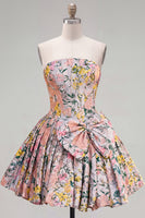 Laden Sie das Bild in den Galerie-Viewer, A-Line graues Korsett, geblümtes trägerloses Jacquard-Homecoming-Kleid mit Schleife
