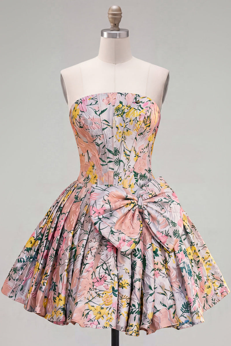 Laden Sie das Bild in den Galerie-Viewer, A-Line graues Korsett, geblümtes trägerloses Jacquard-Homecoming-Kleid mit Schleife