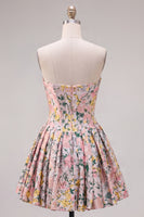 Laden Sie das Bild in den Galerie-Viewer, A-Line graues Korsett, geblümtes trägerloses Jacquard-Homecoming-Kleid mit Schleife