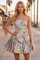 Laden Sie das Bild in den Galerie-Viewer, A-Line graues Korsett, geblümtes trägerloses Jacquard-Homecoming-Kleid mit Schleife