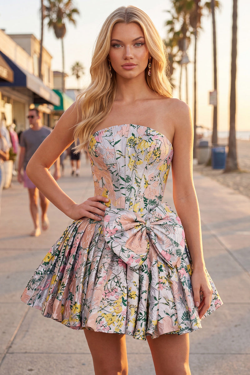 Laden Sie das Bild in den Galerie-Viewer, A-Line graues Korsett, geblümtes trägerloses Jacquard-Homecoming-Kleid mit Schleife
