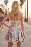 Laden Sie das Bild in den Galerie-Viewer, A-Line graues Korsett, geblümtes trägerloses Jacquard-Homecoming-Kleid mit Schleife