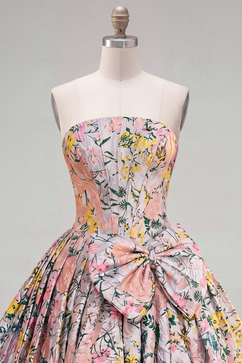Laden Sie das Bild in den Galerie-Viewer, A-Line graues Korsett, geblümtes trägerloses Jacquard-Homecoming-Kleid mit Schleife