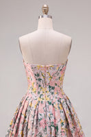 Laden Sie das Bild in den Galerie-Viewer, A-Line graues Korsett, geblümtes trägerloses Jacquard-Homecoming-Kleid mit Schleife