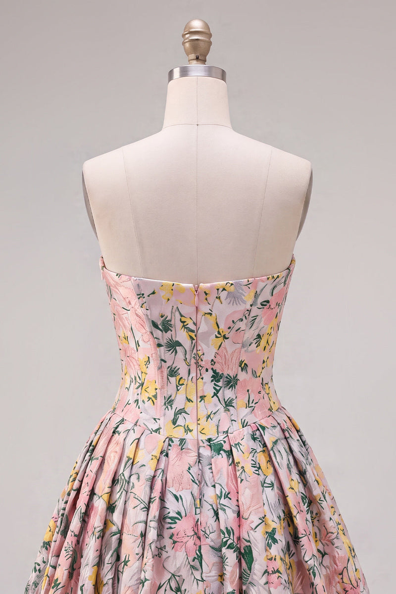 Laden Sie das Bild in den Galerie-Viewer, A-Line graues Korsett, geblümtes trägerloses Jacquard-Homecoming-Kleid mit Schleife