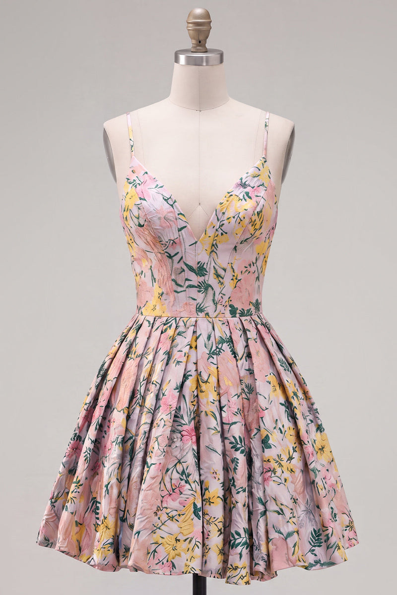 Laden Sie das Bild in den Galerie-Viewer, A-Line graues florales Spaghetti-Träger rückenloses kurzes Homecoming-Kleid