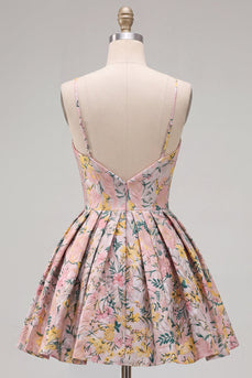 A-Linie Graues Florales Spaghetti-Träger Rückenloses Kurzes Abendkleid