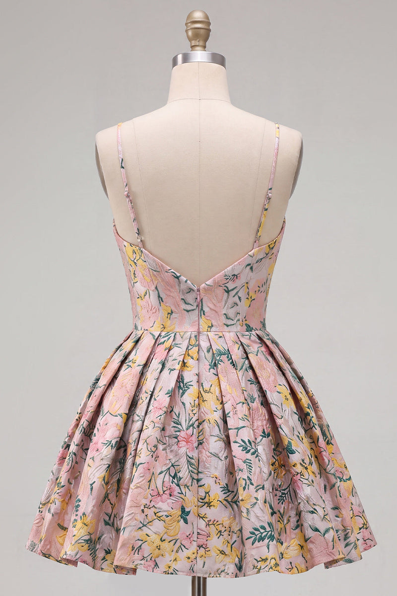 Laden Sie das Bild in den Galerie-Viewer, A-Line graues florales Spaghetti-Träger rückenloses kurzes Homecoming-Kleid