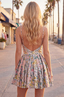 Laden Sie das Bild in den Galerie-Viewer, A-Line graues florales Spaghetti-Träger rückenloses kurzes Homecoming-Kleid