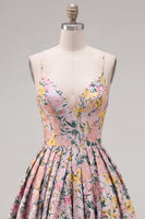 Laden Sie das Bild in den Galerie-Viewer, A-Line graues florales Spaghetti-Träger rückenloses kurzes Homecoming-Kleid