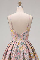 Laden Sie das Bild in den Galerie-Viewer, A-Line graues florales Spaghetti-Träger rückenloses kurzes Homecoming-Kleid