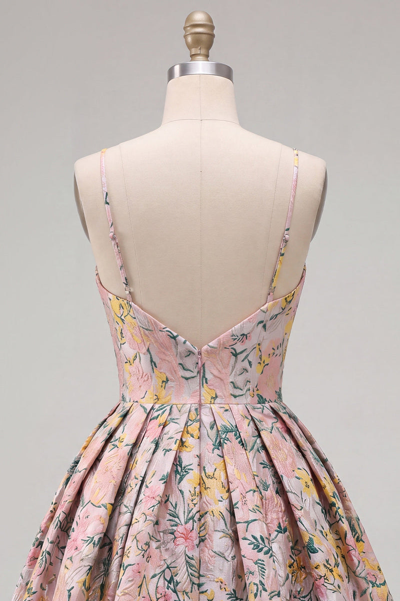 Laden Sie das Bild in den Galerie-Viewer, A-Line graues florales Spaghetti-Träger rückenloses kurzes Homecoming-Kleid