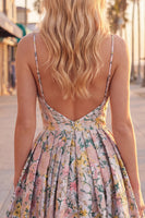 Laden Sie das Bild in den Galerie-Viewer, A-Line graues florales Spaghetti-Träger rückenloses kurzes Homecoming-Kleid